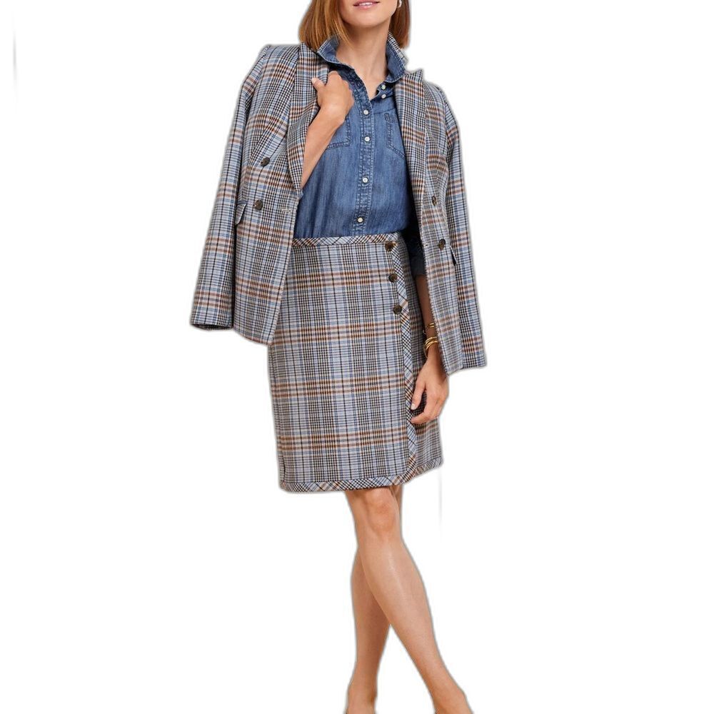 Talbots A-Line Skirt Women Size 10 Blue/Brown Windy Plaid Faux Wrap Knee Length